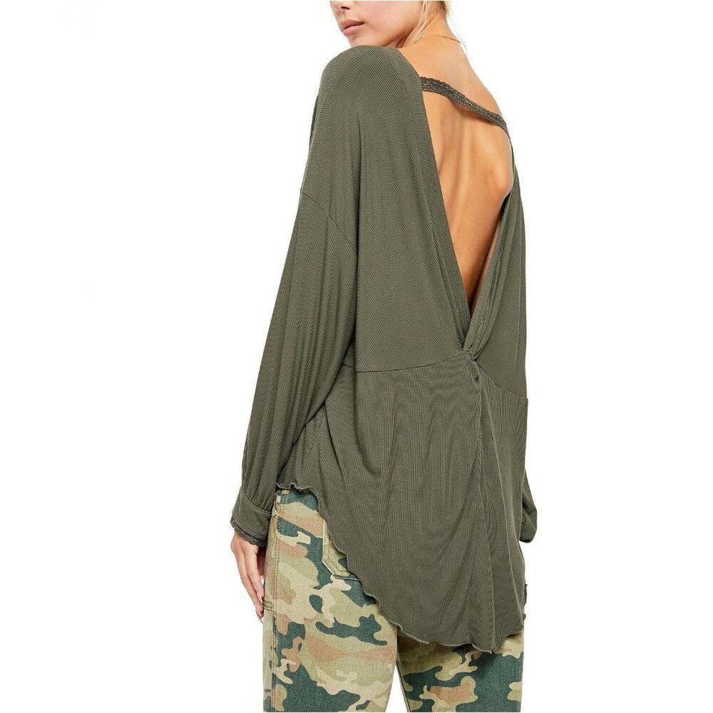 Free People Shimmy Shake Top Army Green Open Back Relaxed Long Sleeve - Medium